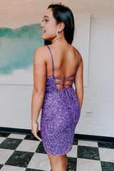 Purple Sequins Backless Tight Short Homecoming Dress