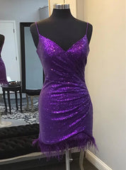 Purple Sequins Spaghetti Straps Pleats Feather Homecoming Dress