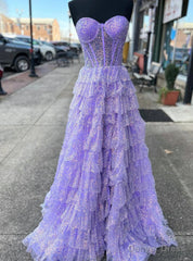 Purple Sequins Strapless Tiers Prom Dress