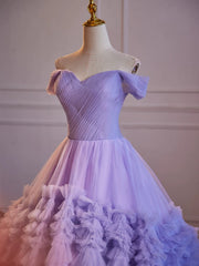 Purple Sweetheart Tulle Layers Sweet 16 Dresses, Purple Tulle Long Prom Dresses