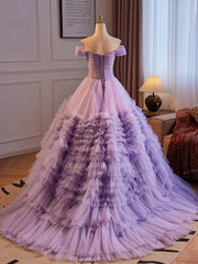 Purple Sweetheart Tulle Layers Sweet 16 Dresses, Purple Tulle Long Prom Dresses