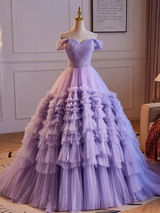 Purple Sweetheart Tulle Layers Sweet 16 Dresses, Purple Tulle Long Prom Dresses