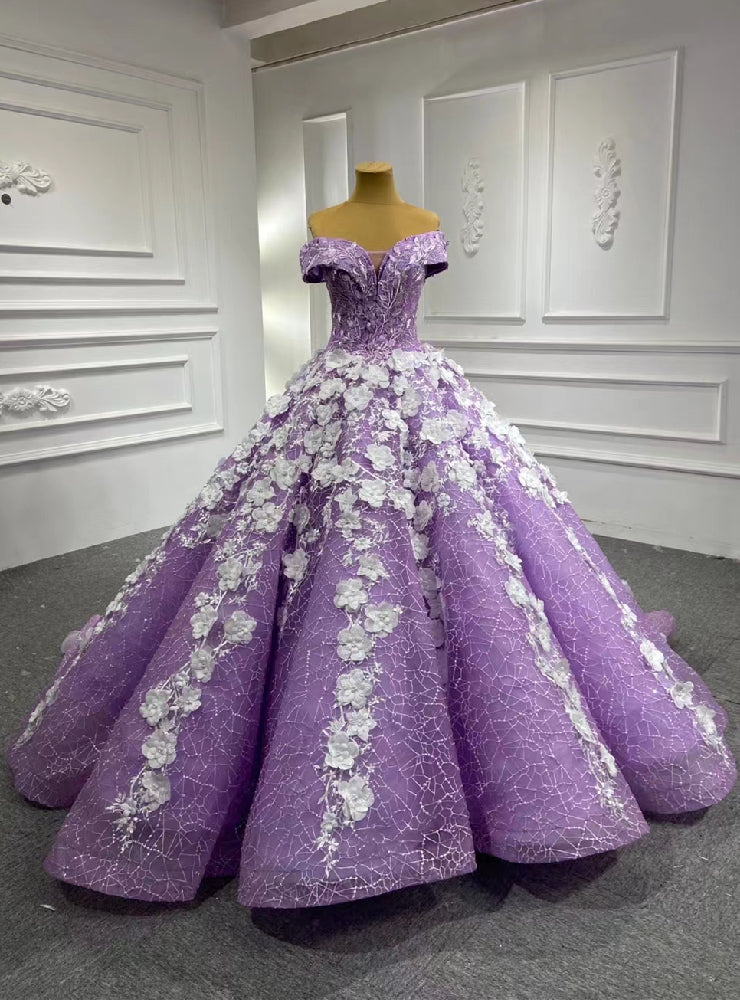 Purple Tulle 3d White Appliques Prom Dress