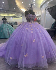 Purple Tulle Ball Gown With Butterflies,Sweet 16 Dresses,Purple Princess Dresses