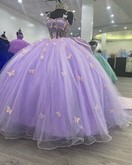 Purple Tulle Ball Gown With Butterflies,Sweet 16 Dresses,Purple Princess Dresses