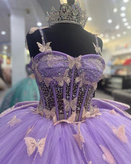 Purple Tulle Ball Gown With Butterflies,Sweet 16 Dresses,Purple Princess Dresses