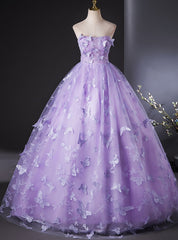 Purple Tulle Butterfly Strapless Quinceanera Dresses