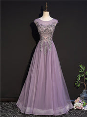 Purple Tulle Cap Sleeve Appliques Beading Prom Dresses