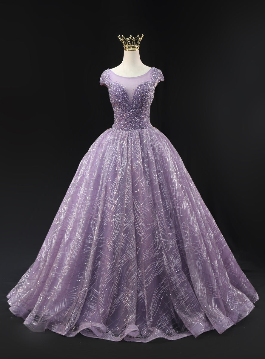 Purple Tulle Cap Sleeve Backless Beading Prom Dress