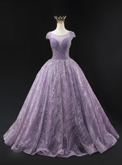 Purple Tulle Cap Sleeve Backless Beading Prom Dresses