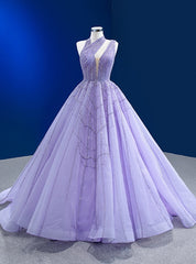 Purple Tulle Irregular Neck Sequins Beading Prom Dresses