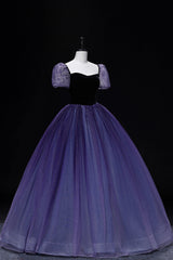 Purple Tulle Long A-Line Prom Dresses, Purple Short Sleeve Princess Dresses