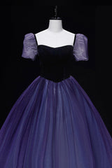 Purple Tulle Long A-Line Prom Dresses, Purple Short Sleeve Princess Dresses