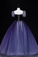 Purple Tulle Long A-Line Prom Dresses, Purple Short Sleeve Princess Dresses