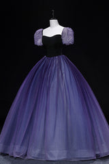 Purple Tulle Long A-Line Prom Dresses, Purple Short Sleeve Princess Dresses