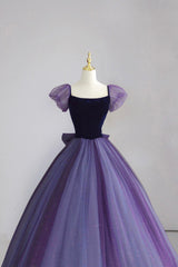 Purple Tulle Long Prom Dresses with Velvet, Cute A-Line Short Sleeve Evening Dresses