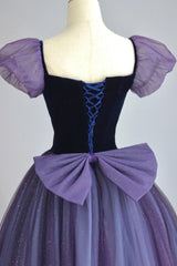 Purple Tulle Long Prom Dresses with Velvet, Cute A-Line Short Sleeve Evening Dresses