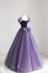 Purple Tulle Long Prom Dresses with Velvet, Cute A-Line Short Sleeve Evening Dresses