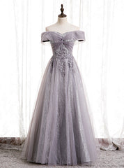 Purple Tulle Off the Shoulder Embrodiery Off the Shoulder Prom Dresses