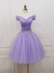 Purple Tulle Off the Shoulder Pleats Beading Homecoming Dress