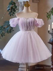 Purple Tulle Off the Shoulder Pleats Homecoming Dress