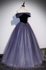 Purple Tulle Off the Shoulder Prom Dress, A-Line Evening Party Dress