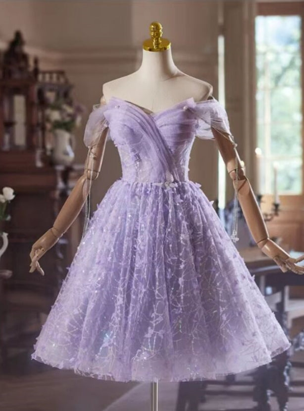 Purple Tulle Sequins Butterfly Off the Shoulder Homecoming Dress