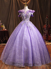 Purple Tulle Sequins Off the Shoulder Appliques Quinceanera Dresses