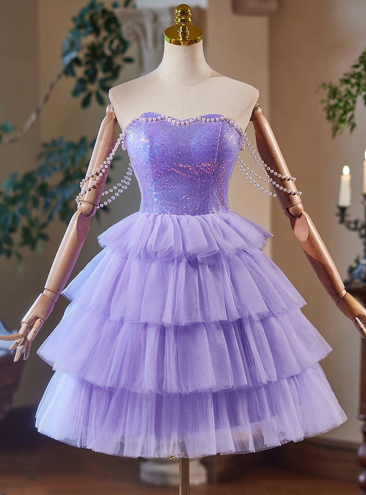 Purple Tulle Sequins Tiers Pearls Homecoming Dress