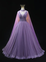 Purple Tulle Sequins V-neck Beading Prom Dress