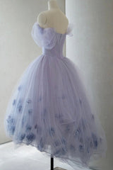 Purple Tulle Short A-Line Prom Dresses, Cute Off the Shoulder Party Dresses