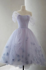 Purple Tulle Short A-Line Prom Dresses, Cute Off the Shoulder Party Dresses