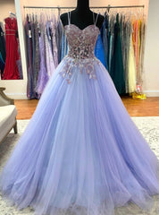 Purple Tulle Spaghetti Straps Appliques Prom Dress