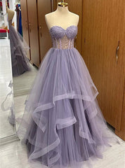 Purple Tulle Sweetheart Pearls Prom Dress