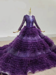 Purple Tulle Tiers Long Sleev See Through V-neck Wedding Dresses