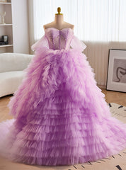 Purple Tulle Tiers Sweetheart Prom Dresses