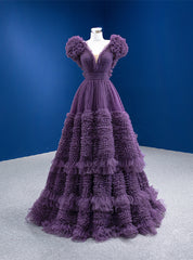 Purple Tulle V-neck Pleats Prom Dress