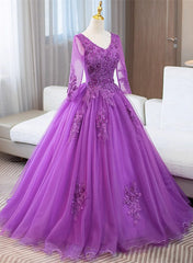 Purple Tulle with Lace Applique Long Sleeves Party Dresses, Purple Tulle Prom Dresses