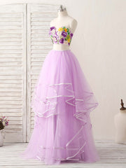 Purple Two Pieces Applique Tulle Long Prom Dresses Purple Evening Dresses