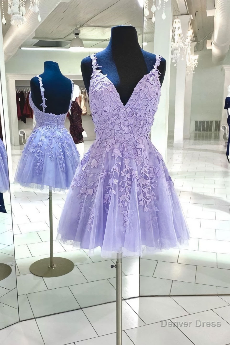 Purple v neck tulle lace short prom dress lace cocktail dress