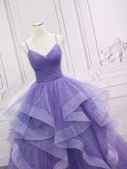 Purple v neck Tulle Long Prom Dresses, Purple Sweet 16 Dresses