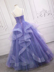 Purple v neck Tulle Long Prom Dresses, Purple Sweet 16 Dresses