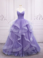 Purple v neck Tulle Long Prom Dresses, Purple Sweet 16 Dresses