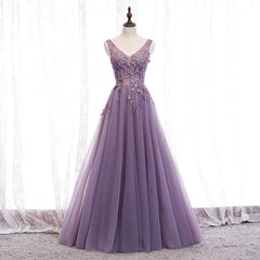 Purple V-neckline Tulle with Lace Floor Length Party Dresses Evening Dresses,Purple Prom Dresses