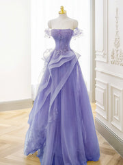 ए-लाइन ऑफ शोल्डर ट्यूल लेस पर्पल लॉन्ग प्रोम ड्रेस, पर्पल लेस लॉन्ग फॉर्मल ड्रेस