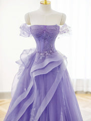 A-lijn Off Shoulder Tule Lace Purple Long Prom-jurk, paarse kant lange formele jurk