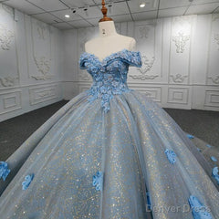 Quinceanera Blue  Off-the-Shoulder  Ball Gown Flower Dress