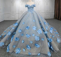 Quinceanera Blue Off-theulder-Kugelkleid Blumenkleid