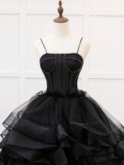 Quinceanera Dresses A-Line Tulle Beads Black Long Prom Dresses Black Sweet Dresses