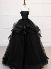 Quinceanera Dresses A-Line Tulle Beads Black Long Prom Dresses Black Sweet Dresses